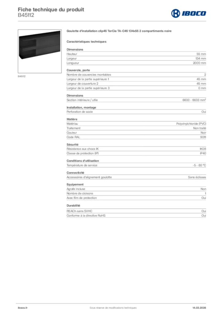 Image Iboco Fiche technique du produit B45112 | Hager France