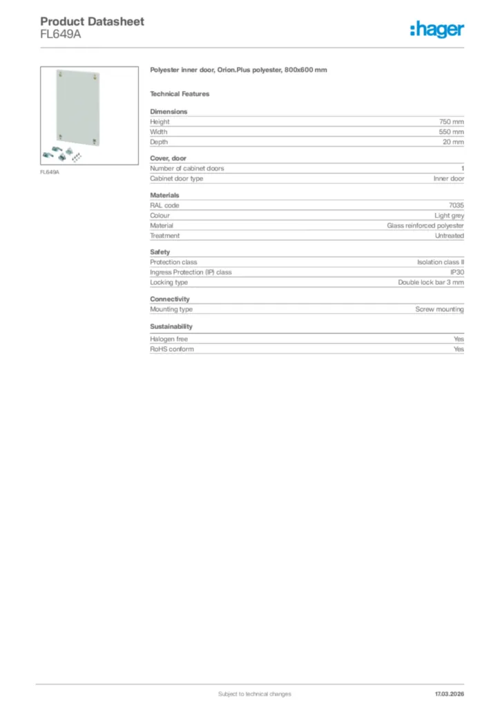 Image Hager Product data sheet FL649A  | Hager Africa