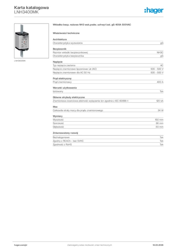Zdjęcie Hager Karta katalogowa LNH3400MK | Hager Polska