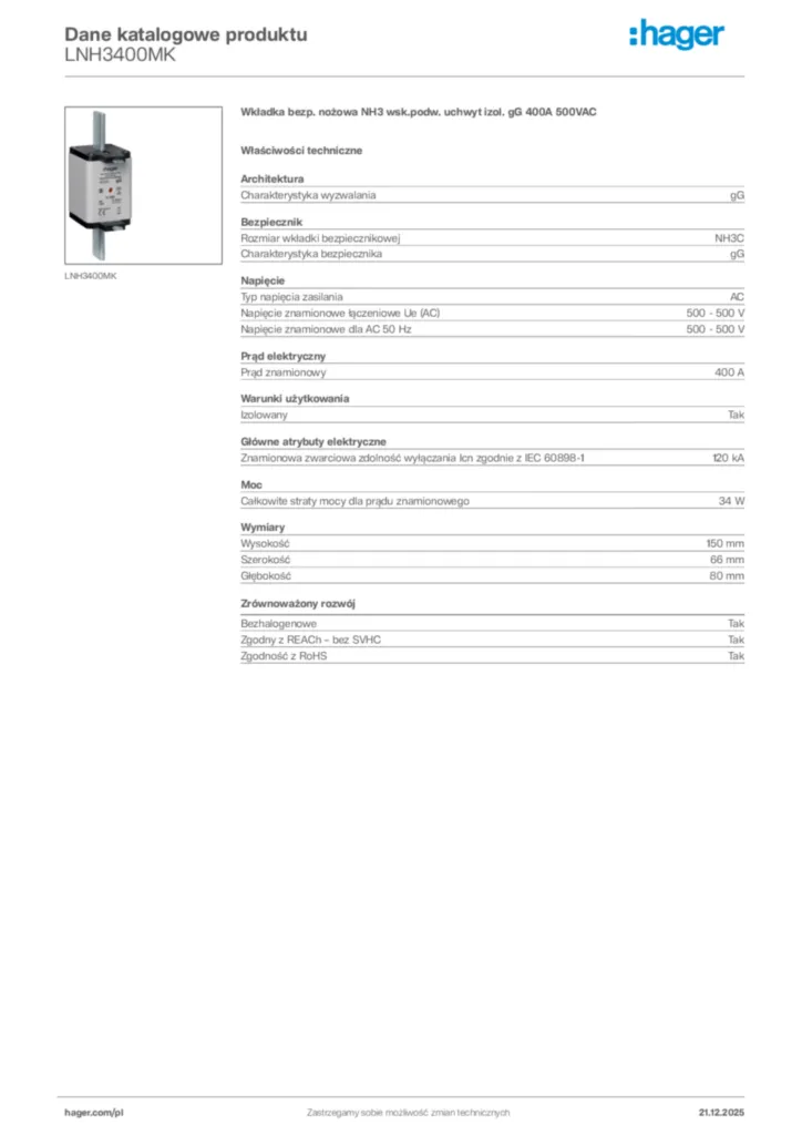 Zdjęcie Hager Dane katalogowe produktu LNH3400MK | Hager Polska