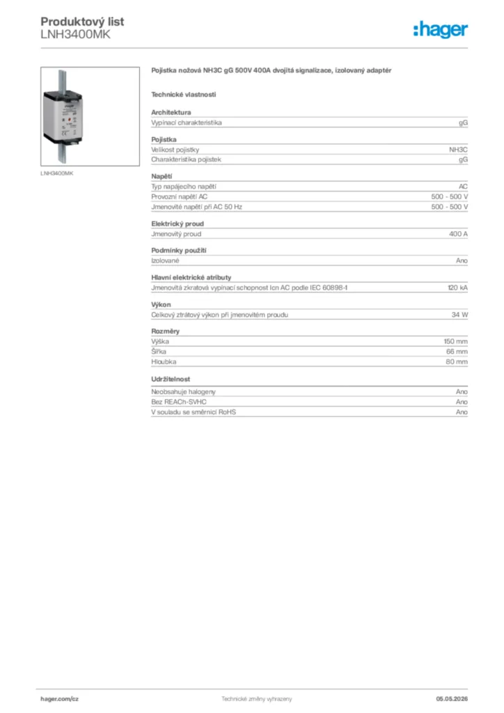 Obrázek Hager Product data sheet LNH3400MK | Hager