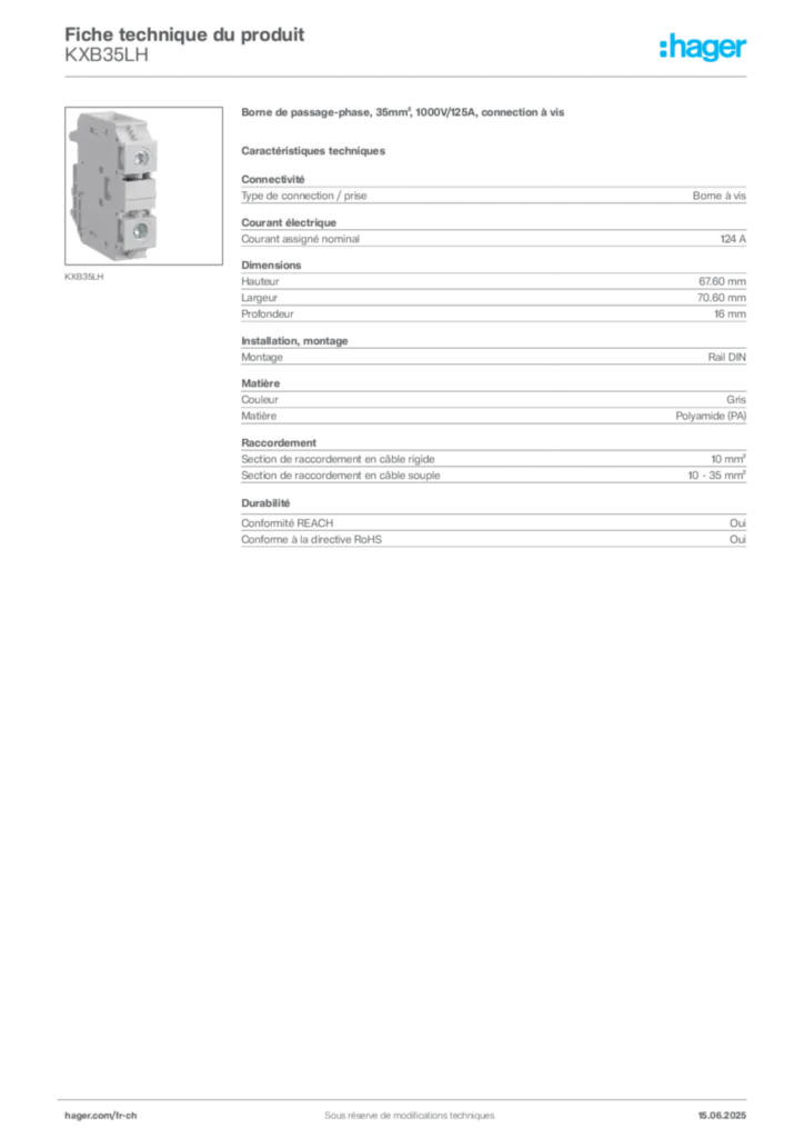 Image Hager Fiche technique du produit KXB35LH | Hager Suisse