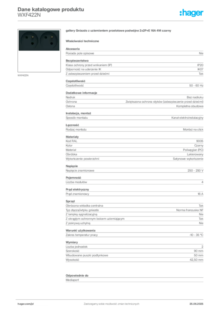 Zdjęcie Hager Dane katalogowe produktu WXF422N | Hager Polska