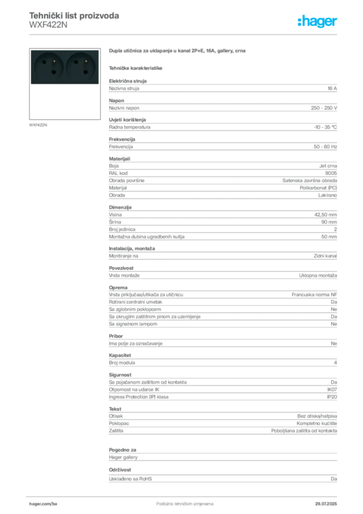 Slika Hager Product data sheet WXF422N  | Hager