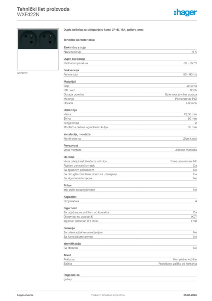Slika Hager Tehnički list proizvoda WXF422N  | Hager
