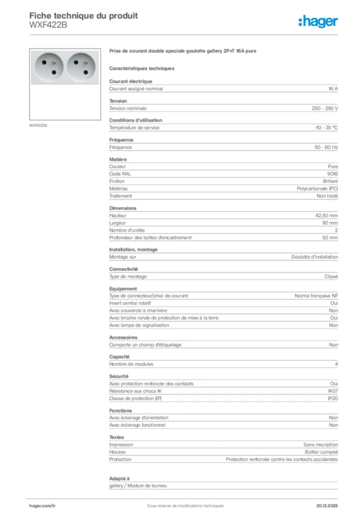 Image Hager Fiche technique du produit WXF422B | Hager France