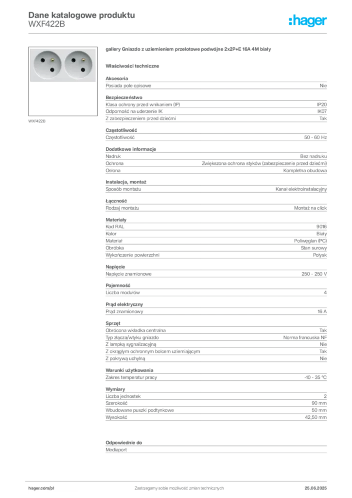 Zdjęcie Hager Dane katalogowe produktu WXF422B | Hager Polska