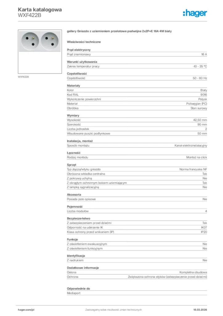 Zdjęcie Hager Karta katalogowa WXF422B | Hager Polska