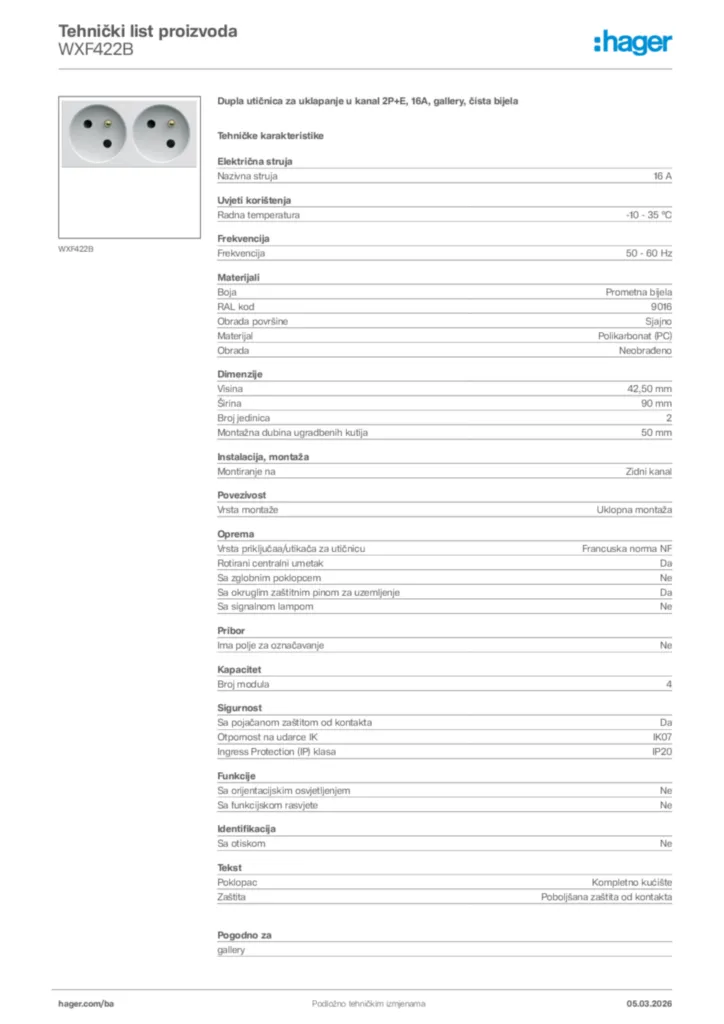 Slika Hager Tehnički list proizvoda WXF422B  | Hager