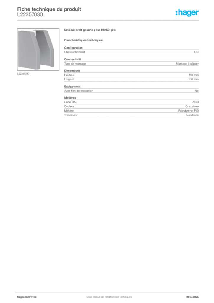 Image Hager Fiche technique du produit L22357030 | Hager Belgique