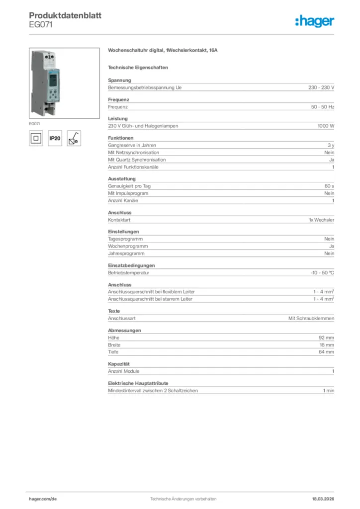 Bild Hager Produktdatenblatt EG071 | Hager Deutschland