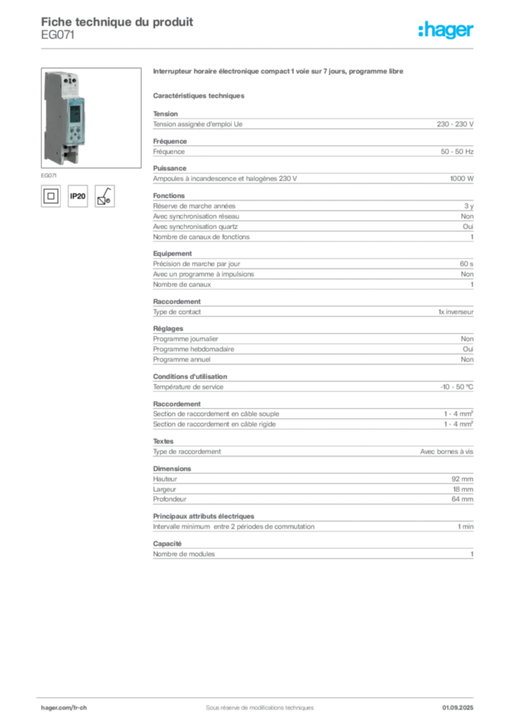 Image Hager Fiche technique du produit EG071 | Hager Suisse