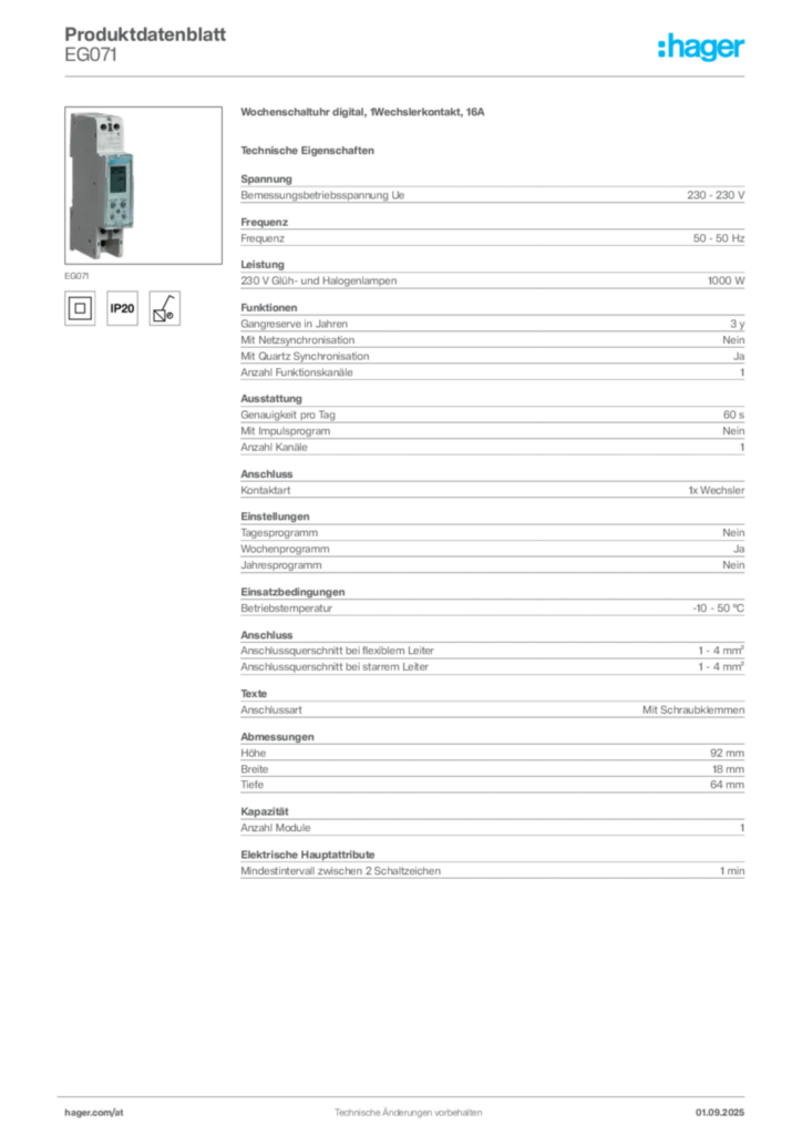 Bild Hager Produktdatenblatt EG071 | Hager Deutschland