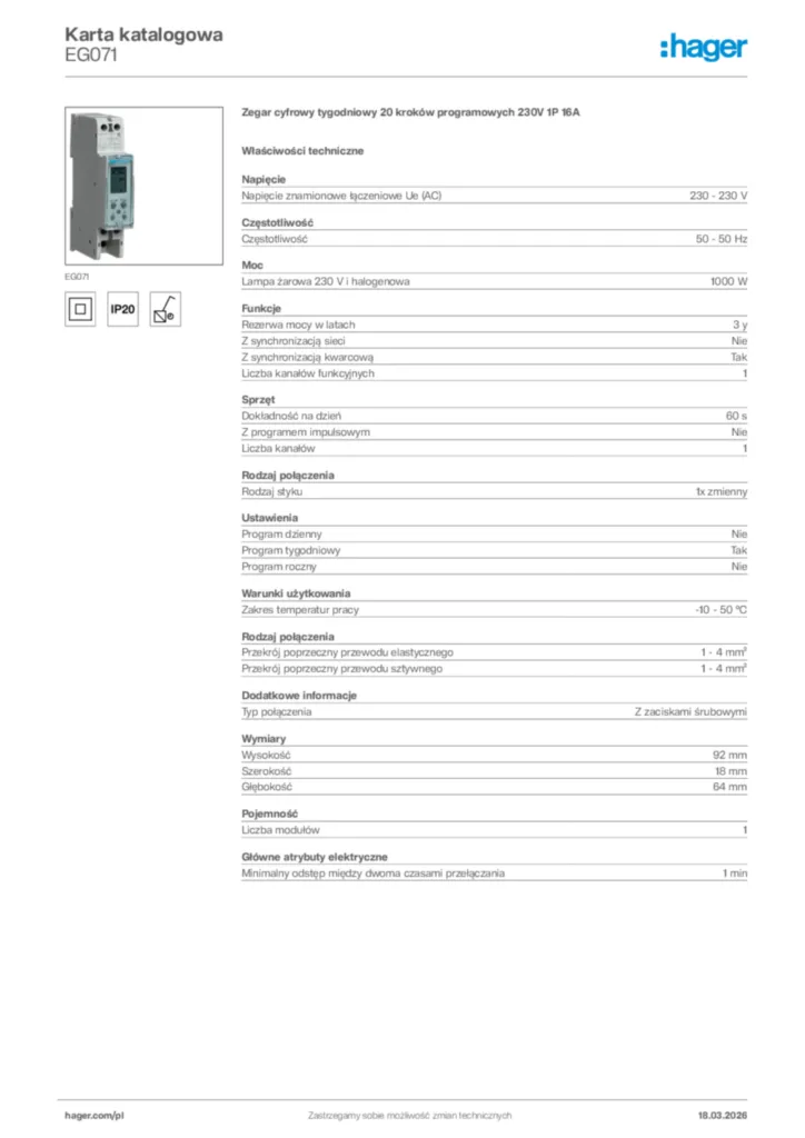 Zdjęcie Hager Karta katalogowa EG071 | Hager Polska