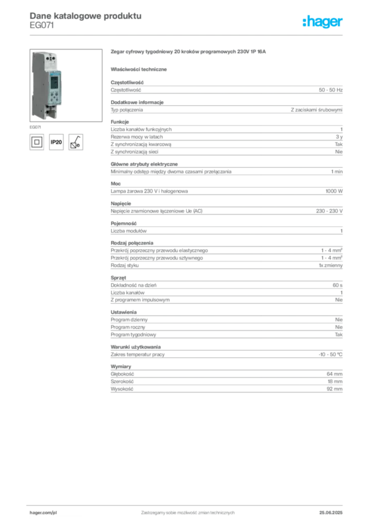 Zdjęcie Hager Dane katalogowe produktu EG071 | Hager Polska