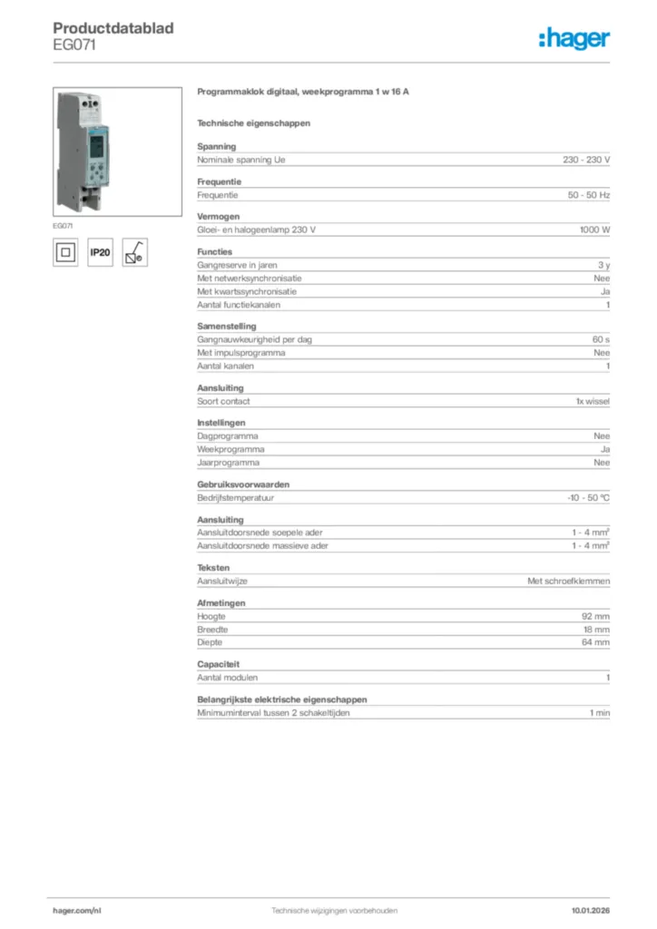 Afbeelding Hager Productdatablad EG071 | Hager Nederland