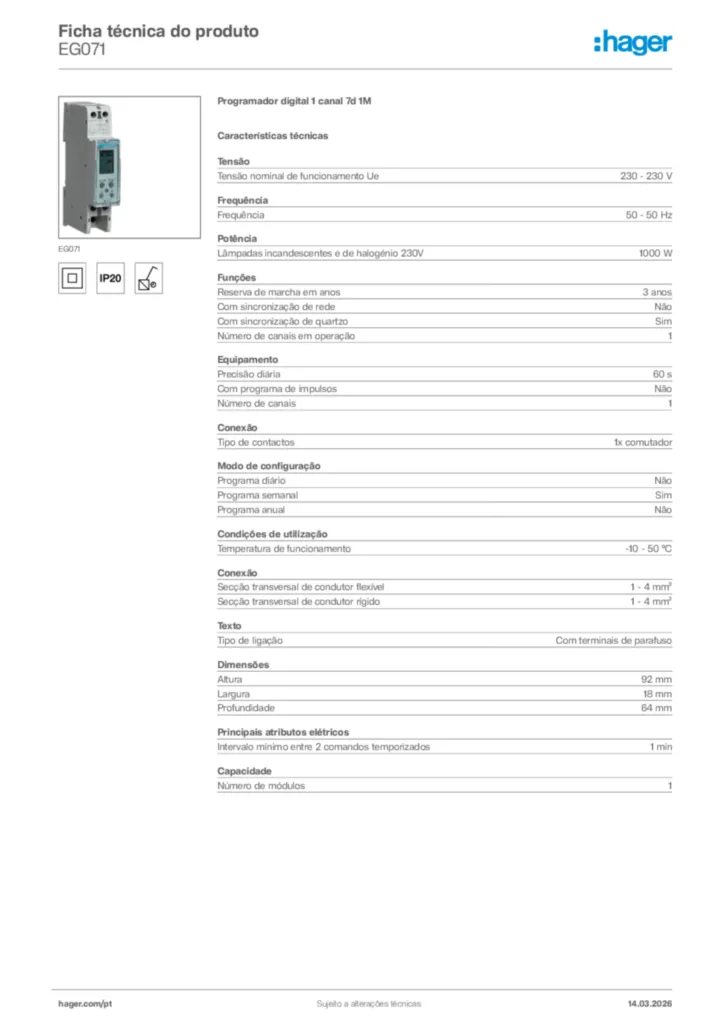 Imagem Hager Ficha técnica do produto EG071 | Hager Portugal