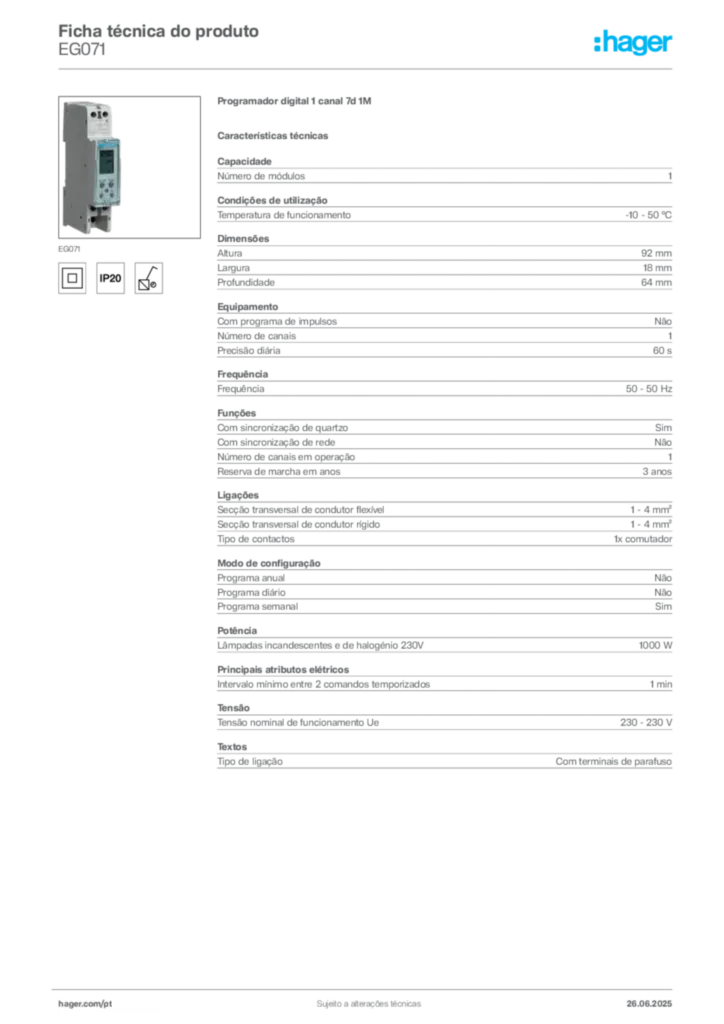 Imagem Hager Ficha técnica do produto EG071 | Hager Portugal
