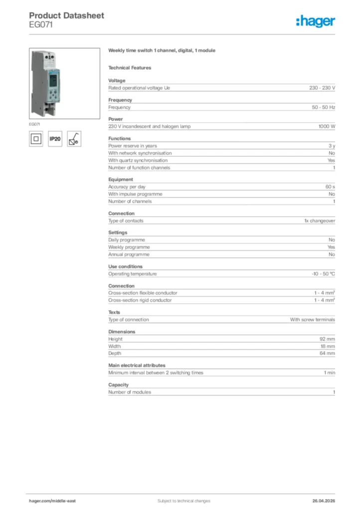 Image Hager Product data sheet EG071  | Hager