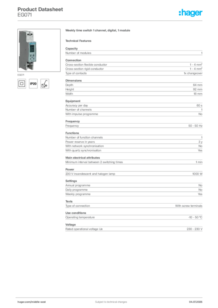 Image Hager Product data sheet EG071  | Hager