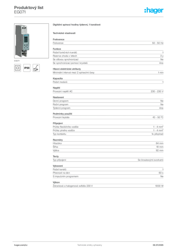 Obrázek Hager Produktový list EG071 | Hager