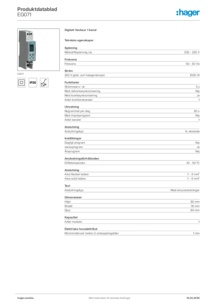 Bild Hager Produktdatablad EG071 | Hager Sverige
