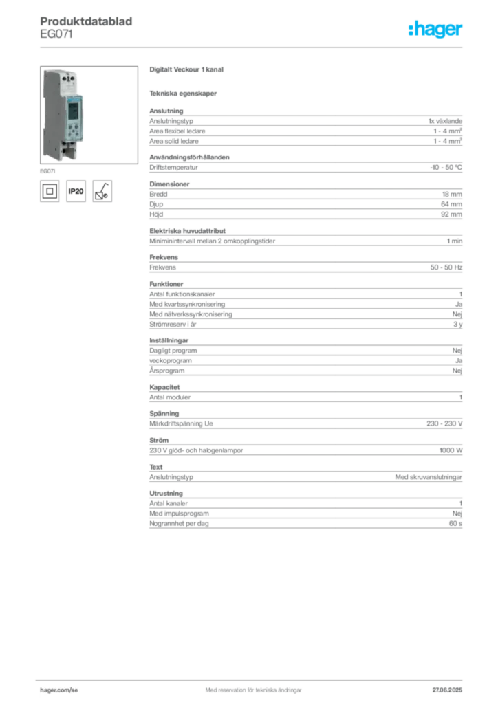 Bild Hager Produktdatablad EG071 | Hager Sverige