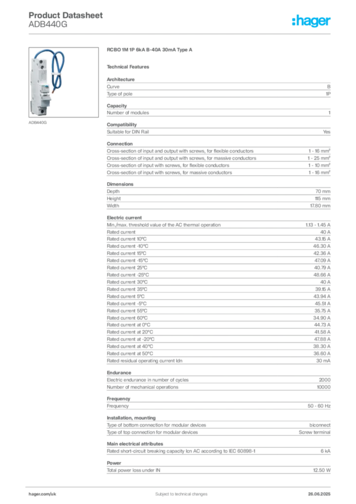 Image Hager Product data sheet ADB440G  | Hager
