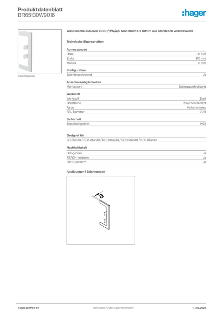 Bild Hager Produktdatenblatt BR65130W9016 | Hager Schweiz