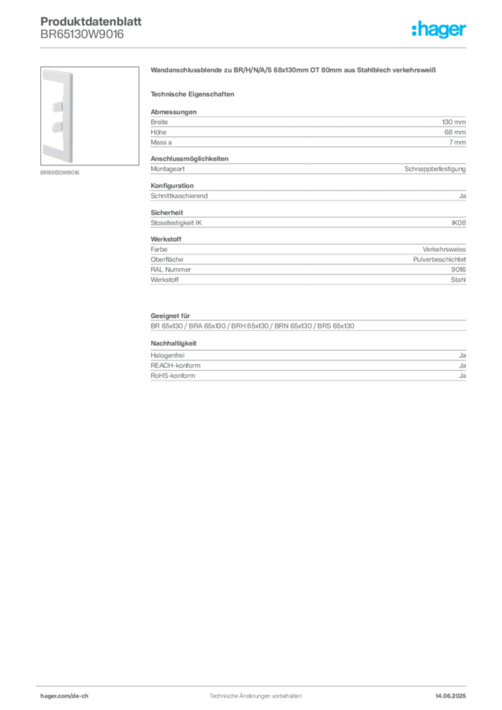 Bild Hager Produktdatenblatt BR65130W9016 | Hager Schweiz