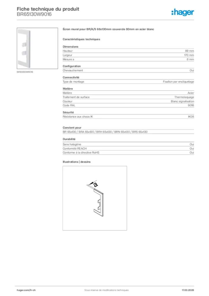 Image Hager Fiche technique du produit BR65130W9016 | Hager Suisse