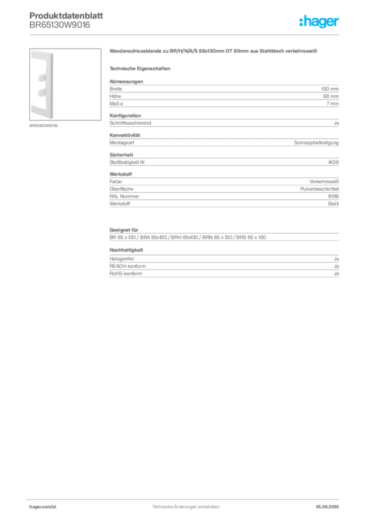 Bild Hager Produktdatenblatt BR65130W9016 | Hager Deutschland