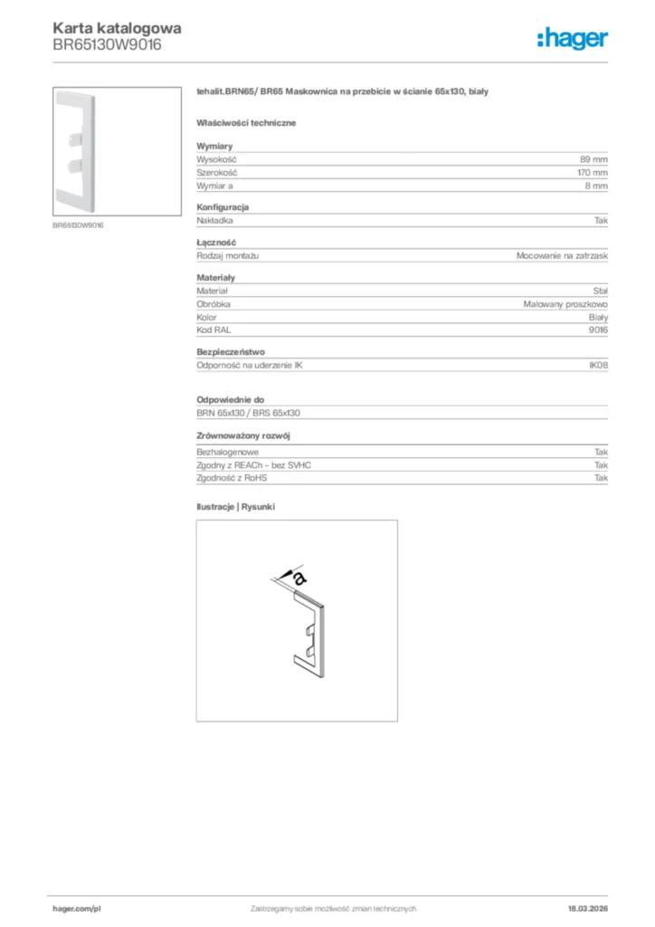 Zdjęcie Hager Karta katalogowa BR65130W9016 | Hager Polska