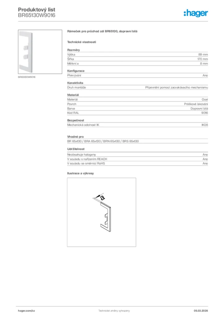 Obrázek Hager Product data sheet BR65130W9016 | Hager