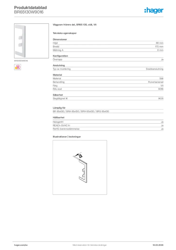 Bild Hager Produktdatablad BR65130W9016 | Hager Sverige