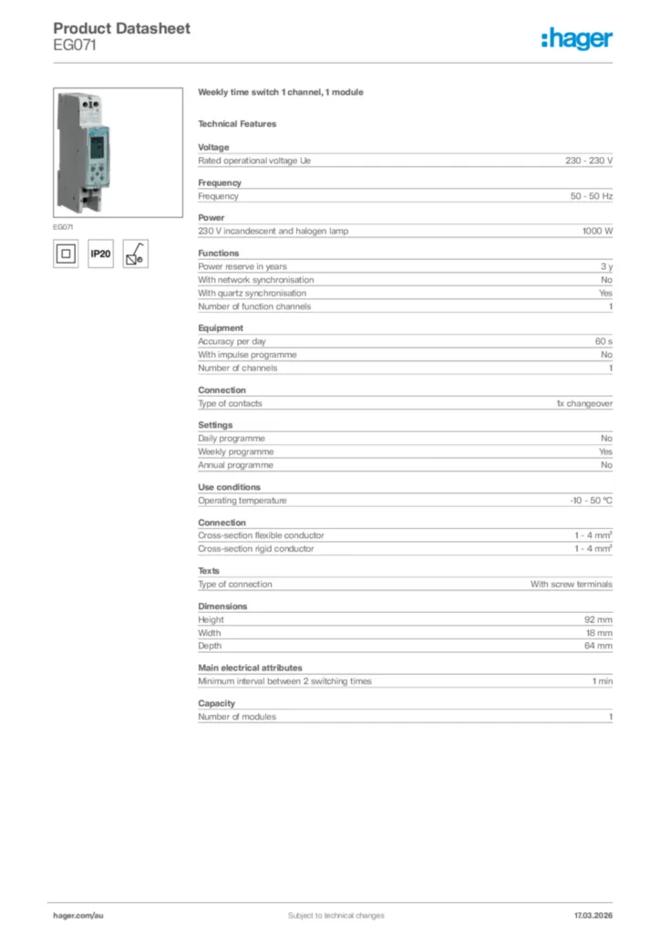 Image Hager Product data sheet EG071  | Hager Australia