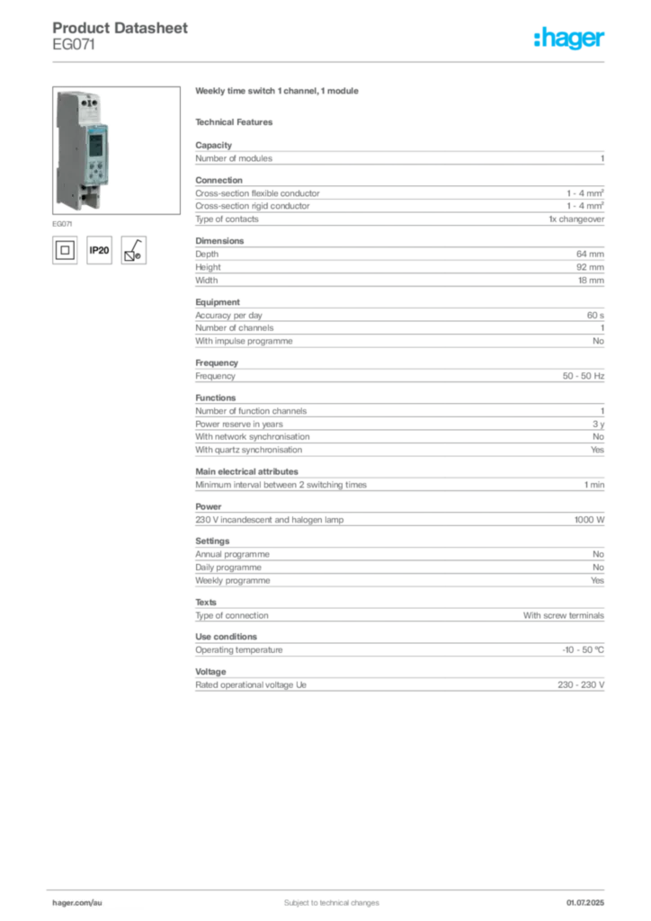 Image Hager Product data sheet EG071  | Hager Australia