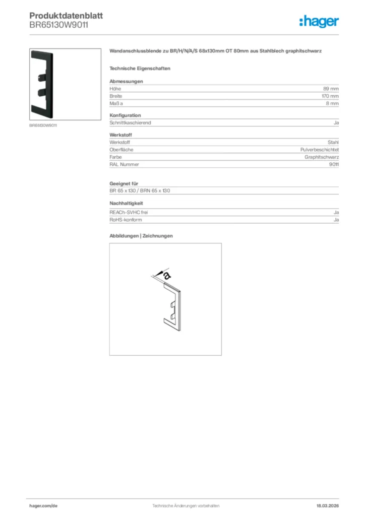 Bild Hager Produktdatenblatt BR65130W9011 | Hager Deutschland