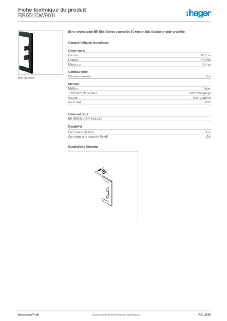 Image Hager Fiche technique du produit BR65130W9011 | Hager Suisse