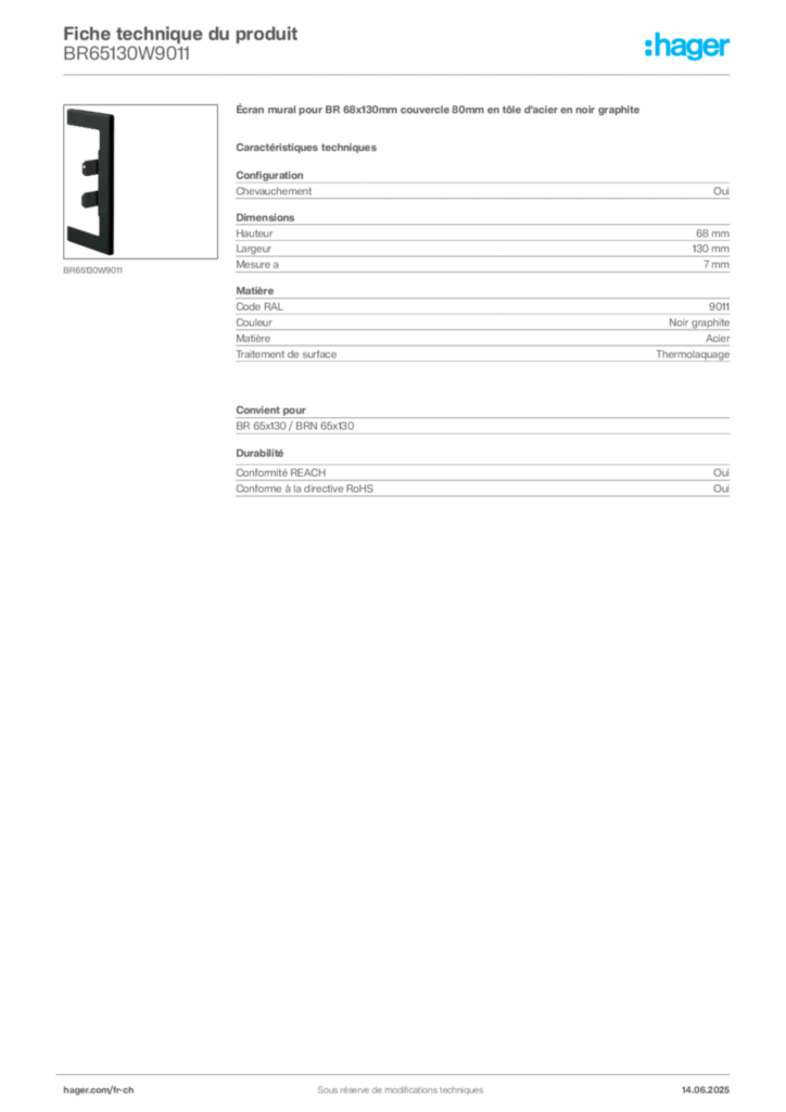 Image Hager Fiche technique du produit BR65130W9011 | Hager Suisse
