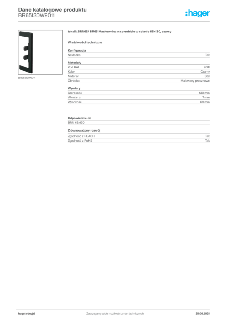 Zdjęcie Hager Dane katalogowe produktu BR65130W9011 | Hager Polska