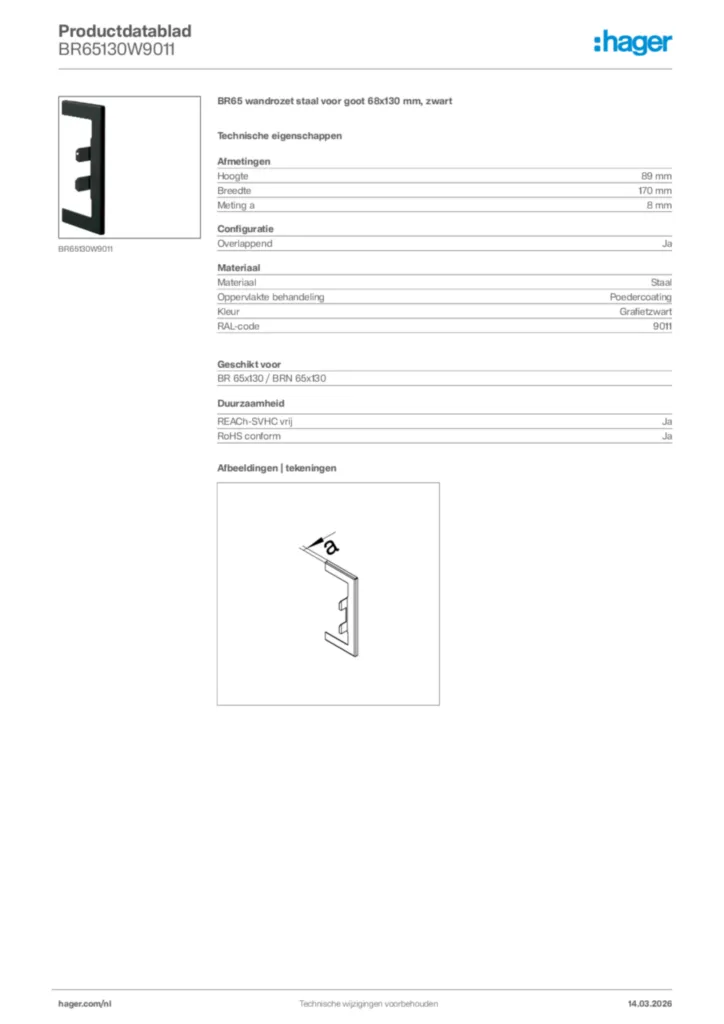 Afbeelding Hager Productdatablad BR65130W9011 | Hager Nederland