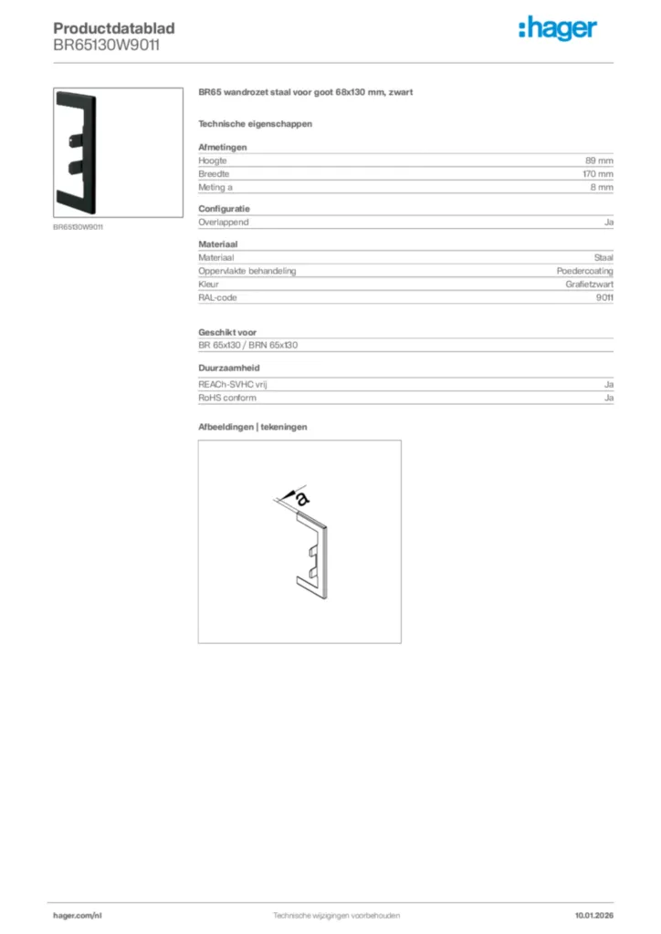 Afbeelding Hager Productdatablad BR65130W9011 | Hager Nederland