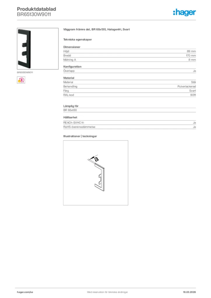 Bild Hager Produktdatablad BR65130W9011 | Hager Sverige