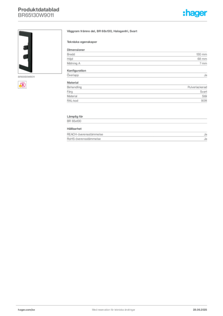 Bild Hager Produktdatablad BR65130W9011 | Hager Sverige