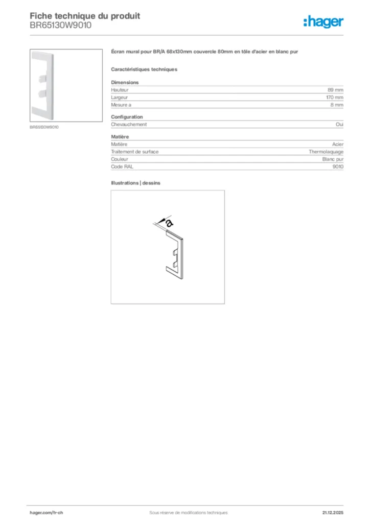 Image Hager Fiche technique du produit BR65130W9010 | Hager Suisse