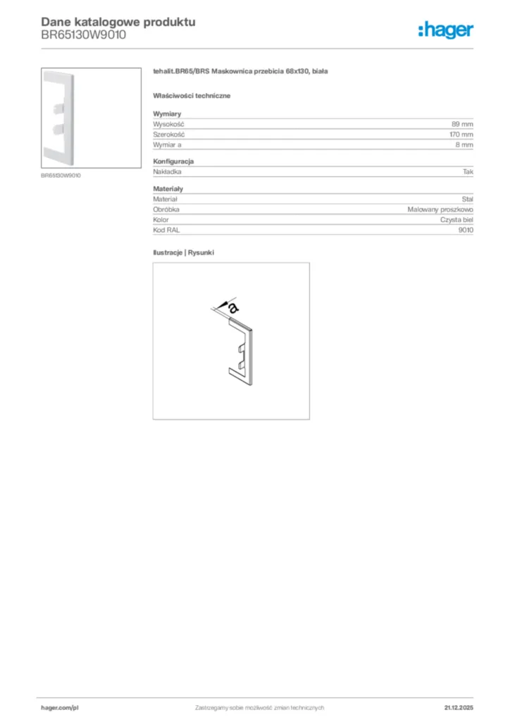 Zdjęcie Hager Dane katalogowe produktu BR65130W9010 | Hager Polska