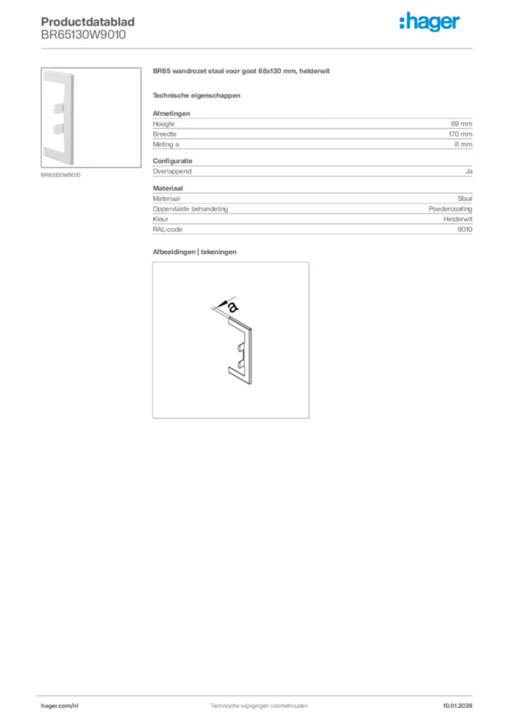 Afbeelding Hager Productdatablad BR65130W9010 | Hager Nederland
