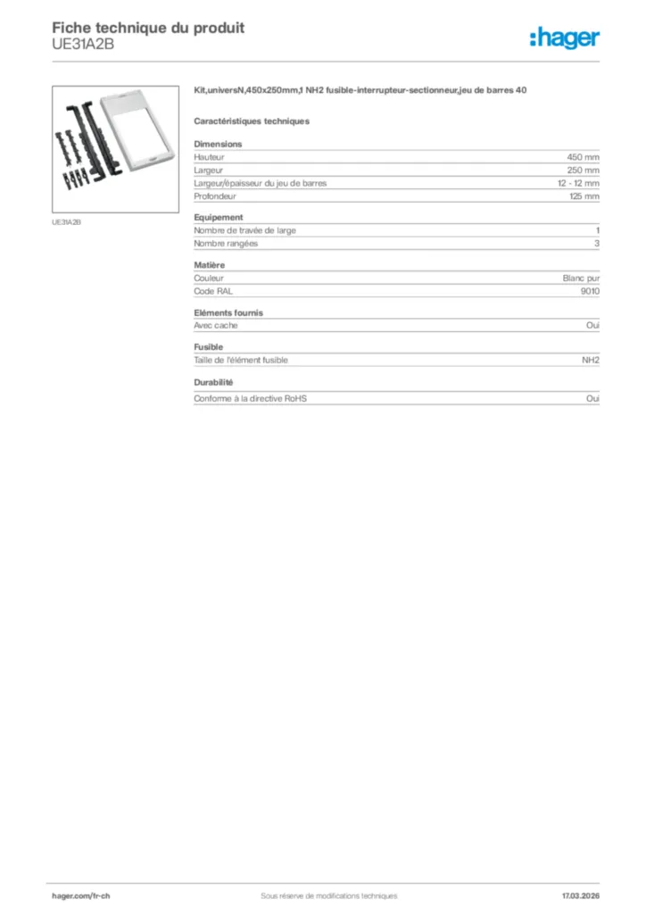 Image Hager Fiche technique du produit UE31A2B | Hager Suisse