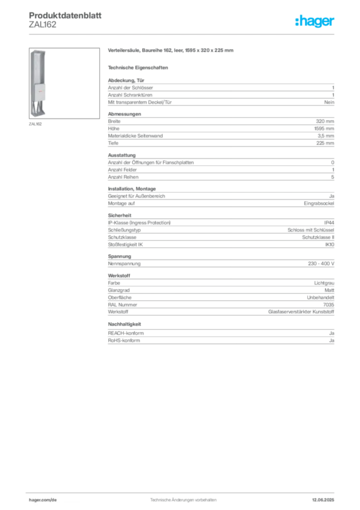 Hager Produktdatenblatt ZAL162